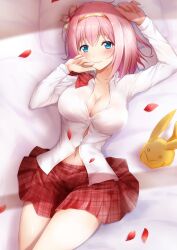 Rule 34 | absurdres, blue eyes, breasts, cleavage, gold hairband, hairband, highres, large breasts, looking at viewer, lying, masaki728o, navel, on back, partially unbuttoned, petals, pink hair, pleated skirt, princess connect!, red skirt, rose petals, school uniform, short hair, skirt, smile, yui (princess connect!)