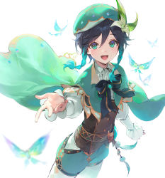 Rule 34 | 1boy, androgynous, aqua hair, argyle, argyle clothes, argyle legwear, beret, black bow, black hair, bow, braid, bug, butterfly, cape, collared shirt, cowboy shot, dsmile, flower, frilled sleeves, frills, genshin impact, gradient hair, green cape, green eyes, green hat, green shorts, hair between eyes, hair flower, hair ornament, hat, insect, long sleeves, looking at viewer, male focus, multicolored hair, open mouth, outstretched hand, pantyhose, shirt, short hair with long locks, shorts, smile, solo, striped, striped bow, teeth, twin braids, two-sided cape, two-sided fabric, upper teeth only, venti (genshin impact), waistcoat, white background, white pantyhose, white shirt
