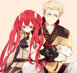 Rule 34 | 1boy, 1girl, bad id, bad twitter id, blonde hair, blush, embarrassed, fire emblem, fire emblem fates, guttary, holding, holding own hair, nintendo, odin (fire emblem), owain (fire emblem), red eyes, red hair, selena (fire emblem fates), severa (fire emblem), simple background, sitting, twintails