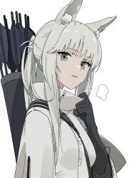 Rule 34 | 1girl, animal ear fluff, animal ears, arknights, black gloves, breasts, brown eyes, drawdrawdeimos, gloves, highres, horse ears, horse girl, jacket, long hair, looking at viewer, platinum (arknights), simple background, solo, very long hair, white background, white hair, yellow eyes