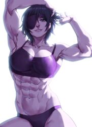 Rule 34 | 1girl, abs, alternate muscle size, arms behind head, arms up, az ciam, black background, black hair, breasts, chainsaw man, eyepatch, greyscale, highres, himeno (chainsaw man), large breasts, looking at viewer, monochrome, muscular, muscular female, panties, short hair, solo, tank top, underwear
