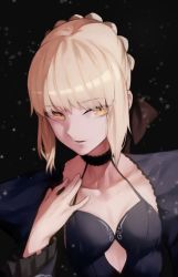 Rule 34 | 1girl, artoria pendragon (all), artoria pendragon (fate), black background, black bow, black choker, blonde hair, bow, braid, braided bun, breasts, choker, chorogon, cleavage, collarbone, fate/stay night, fate (series), hair bow, hair bun, highres, long sleeves, open mouth, saber alter, sidelocks, single hair bun, small breasts, solo, upper body, yellow eyes