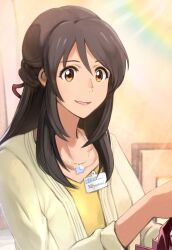 Rule 34 | 1girl, :d, absurdres, aged up, brown eyes, brown hair, character name, collarbone, commentary request, duralu500, green jacket, hair ribbon, highres, indoors, jacket, jewelry, kimi no na wa., long hair, miyamizu mitsuha, name tag, necklace, open clothes, open jacket, open mouth, red ribbon, ribbon, shirt, sidelocks, smile, solo, star (symbol), star necklace, yellow shirt