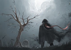 Rule 34 | 1other, black cloak, claws, cloak, cloud, cloudy sky, creature, flag, grass, hood, hood up, hooded cloak, leaf, looking at another, maddoze, original, outdoors, planted, planted sword, planted, red scarf, scarf, scenery, shadow, size difference, sky, standing, sword, tombstone, torn cloak, torn clothes, tree, weapon, white eyes