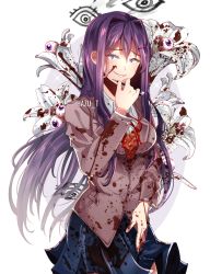 Rule 34 | 1girl, artist name, blood, blood on clothes, blood on face, blood splatter, blue skirt, constricted pupils, crazy eyes, crazy smile, doki doki literature club, eyeball, flower, grin, hair between eyes, hair ornament, hairclip, hazu t, highres, lily (flower), long hair, looking at viewer, name connection, object namesake, pen, pleated skirt, purple eyes, purple hair, school uniform, skirt, smile, solo, very long hair, yuri (doki doki literature club)
