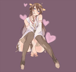 Rule 34 | 10s, 1girl, ahoge, bad id, bad pixiv id, bare shoulders, blush, boots, brown hair, detached sleeves, double bun, hair bun, hairband, headgear, heart, japanese clothes, kantai collection, kongou (kancolle), long hair, nontraditional miko, open mouth, simple background, sitting, skirt, solo, thigh boots, thighhighs, ume (plumblossom)