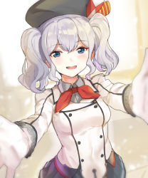 Rule 34 | 10s, 1girl, :d, beret, blue eyes, blush, breasts, buttons, epaulettes, frilled sleeves, frills, gloves, grey eyes, grey skirt, hat, jacket, kantai collection, kashima (kancolle), large breasts, looking at viewer, military, military uniform, neckerchief, open mouth, outstretched arms, pleated skirt, shovelwall, shovelwell, sidelocks, silver hair, skirt, smile, solo, spread arms, twintails, uniform, upper body, wavy hair, white gloves