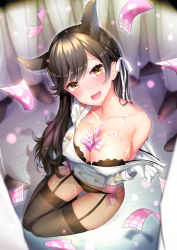 Rule 34 | 1girl, 6+boys, :d, animal ears, atago (azur lane), azur lane, between breasts, black bra, black panties, black thighhighs, blush, bra, breasts, brown footwear, brown hair, cleavage, collarbone, covered erect nipples, fang, from above, full body, garter straps, gloves, hair ribbon, heart, highres, large breasts, long hair, long sleeves, looking at viewer, looking up, mole, mole under eye, money, tucked money, multiple boys, multiple girls, off shoulder, open mouth, panties, pants, pulled by self, ribbon, shoes, silveroid, single bare shoulder, sitting, smile, solo focus, standing, strap pull, tareme, thigh gap, thighhighs, underwear, undressing, very long hair, white gloves, white pants, white ribbon, yellow eyes, yokozuwari