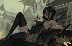 Rule 34 | 1girl, black hair, breasts, character request, drin, gloves, green eyes, highres, large breasts, legs, looking at viewer, neo (neorarty3), parted lips, pink lips, rain, short hair, sideboob, sitting, solo, sword, tattoo, thighhighs, thighs, weapon