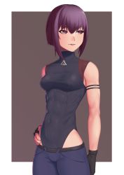 Rule 34 | 1girl, arm strap, belt, black gloves, bodysuit, breasts, commentary request, covered navel, fingerless gloves, ghost in the shell, ghost in the shell: sac 2045, gloves, hair between eyes, hand on own hip, highres, kusanagi motoko, looking to the side, medium breasts, pants, parted lips, purple eyes, purple hair, putcher, short hair, sleeveless, solo, standing, teeth, turtleneck