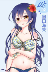 Rule 34 | 1girl, :o, bikini, blue background, blue hair, blush, breasts, breath, clenched hand, collarbone, commentary request, floral print, flower, groin, hair flower, hair ornament, halterneck, highres, long hair, looking at viewer, love live!, love live! school idol festival, love live! school idol project, medium breasts, minamixdrops, navel, print bikini, red flower, side-tie bikini bottom, solo, sonoda umi, swimsuit, wet, yellow eyes