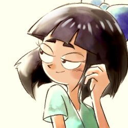 Rule 34 | alternate hairstyle, black hair, blue bow, blush, blush stickers, bob cut, bow, brown eyes, closed mouth, hair bow, light blush, long hair, lowres, multiple girls, phineas and ferb, shirt, skirt, smile, stacy hirano, straight hair, sudako (tkb315)