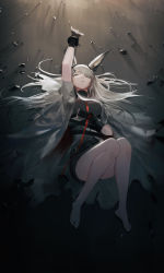 1girl absurdres animal_ears arknights arm_up bare_legs barefoot breasts coat dress feet fingerless_gloves frostnova_(arknights) full_body gloves hair_ornament hair_over_one_eye hairclip highres jacket large_breasts leiq long_hair looking_up parted_lips sidelocks silver_hair solo unzipped