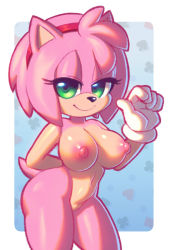 Rule 34 | amy rose, arms behind back, breasts, green eyes, highres, nitro, pointing, pointing at self, seductive smile, smile, sonic (series)
