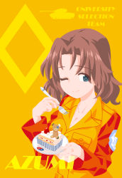 Rule 34 | 1girl, ;), absurdres, azumi (girls und panzer), blue eyes, breasts, brown hair, cake, character name, cleavage, closed mouth, commentary request, diamond (shape), emblem, english text, food, fork, girls und panzer, highres, holding, holding fork, holding saucer, inou takashi, jacket, long sleeves, looking at viewer, m26 pershing, medium breasts, medium hair, military, military uniform, military vehicle, motor vehicle, no shirt, one eye closed, orange background, orange jacket, orange theme, parted bangs, saucer, selection university (emblem), selection university military uniform, smile, solo, tank, uniform, upper body