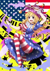 Rule 34 | 1girl, american flag dress, american flag legwear, arm up, ass, blonde hair, breasts, clownpiece, fairy wings, fang, hat, high heels, highres, jester cap, long hair, medium breasts, open mouth, pantyhose, pink eyes, rihito (usazukin), smile, solo, striped clothes, striped pantyhose, torch, touhou, upskirt, very long hair, wings, wrist cuffs