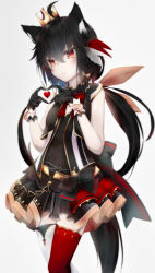 Rule 34 | 1girl, absurdres, animal ears, black hair, blush, bow, braid, commentary, crown, fox ears, fox girl, fox tail, hair between eyes, hair bow, heart, heart hands, highres, hololive, hololive idol uniform, kurokami fubuki, long hair, looking at viewer, mini crown, red eyes, sidelocks, simple background, single braid, solo, symbol-only commentary, tail, tsukimiya (tsukinami15), twintails, virtual youtuber, wavy mouth, white background, yellow bow