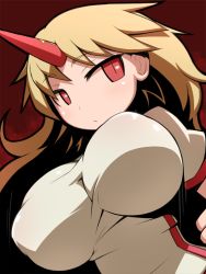 Rule 34 | 1girl, blonde hair, breasts, covered erect nipples, hakika, horns, hoshiguma yuugi, huge breasts, impossible clothes, large breasts, long hair, puffy nipples, red background, red eyes, single horn, solo, touhou, upper body