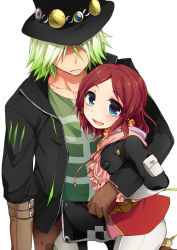 Rule 34 | 10s, 1boy, 1girl, belt, blue eyes, blush, coat, dezel (tales), frills, gloves, green hair, hair ornament, hat, heart, hood, jacket, open mouth, pants, red hair, rose (tales), scarf, shoes, short hair, simple background, tales of (series), tales of zestiria