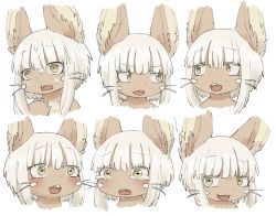 Rule 34 | 1other, @ @, ambiguous gender, animal ears, bad id, bad twitter id, blush, expressions, furry, kawasemi27, long hair, looking at viewer, looking away, made in abyss, nanachi (made in abyss), parted lips, simple background, smile, smug, teeth, white background, white hair, yellow eyes
