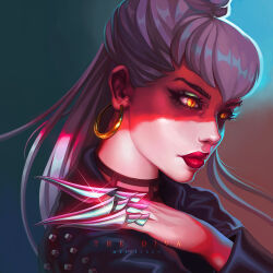 Rule 34 | 1girl, asymmetrical bangs, black suit, claw (weapon), closed mouth, cone hair bun, demon, demon girl, earrings, evelynn (league of legends), eyeshadow, formal, gold earrings, gradient background, green eyeshadow, hair bun, hand on own shoulder, highres, hoop earrings, jewelry, k/da (league of legends), league of legends, long hair, looking to the side, makeup, meisyren, necklace, red lips, slit pupils, solo, suit, the baddest evelynn, tooth necklace, upper body, weapon, white hair, yellow eyes