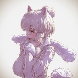 Rule 34 | 10s, 1girl, alpaca ears, alpaca suri (kemono friends), alpaca tail, alternate breast size, animal ear fluff, animal ears, blonde hair, blue eyes, breasts, bright pupils, closed mouth, extra ears, from side, fur-trimmed sleeves, fur collar, fur trim, hair between eyes, highres, horizontal pupils, kemono friends, large breasts, long sleeves, nose, platinum blonde hair, profile, realistic, short hair, smile, solo, tail, takami masahiro, upper body, white pupils, white theme