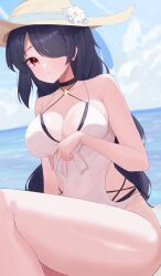 Rule 34 | 1girl, absurdres, bare shoulders, black hair, blue archive, blush, breasts, casual one-piece swimsuit, cleavage, closed mouth, clothing cutout, covered navel, day, hair over one eye, hat, highres, hinata (blue archive), hinata (swimsuit) (blue archive), large breasts, legs, long hair, looking at viewer, nvem8738, ocean, official alternate costume, one-piece swimsuit, one eye covered, outdoors, red eyes, side cutout, solo, sun hat, swimsuit, thighs, white one-piece swimsuit