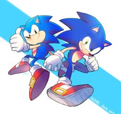 Rule 34 | 2boys, anniversary, black eyes, dual persona, gloves, green eyes, holding hands, male focus, multiple boys, poroi (poro586), red footwear, socks, sonic (series), sonic generations, sonic the hedgehog, sonic the hedgehog (classic), thumbs up