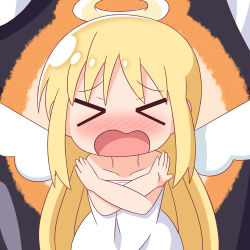 Rule 34 | &gt; &lt;, 1other, angel, angel wings, blonde hair, blush, closed eyes, commentary request, crimvael, dress, facing viewer, halo, hana kazari, highres, ishuzoku reviewers, long hair, nose blush, open mouth, other focus, solo, strapless, strapless dress, very long hair, white dress, white wings, wings, x arms