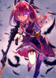 Rule 34 | 1girl, blue eyes, blurry, clenched teeth, depth of field, falling feathers, feathers, glowing, glowing eyes, gun, hair ribbon, holding, knife, long hair, looking at viewer, original, red hair, ribbon, rifle, running, school uniform, solo, teeth, two side up, weapon, wind, yasumo (kuusouorbital)