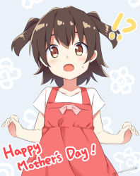 Rule 34 | !?, 1girl, :o, akagi miria, blue background, blush, brown eyes, brown hair, chinese commentary, collarbone, commentary request, dress, hair between eyes, hatsunatsu, head tilt, idolmaster, idolmaster cinderella girls, looking at viewer, open mouth, red dress, shirt, short sleeves, sleeveless, sleeveless dress, solo, sweat, twitter username, two side up, upper body, white shirt