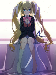 Rule 34 | 1girl, akayama yukihe, aqua eyes, backlighting, black jacket, blazer, blonde hair, blush, bow, closed mouth, commentary, full body, grey skirt, hair between eyes, hair ribbon, hands up, highres, indoors, interlocked fingers, jacket, kneehighs, light smile, little busters!, little busters! school uniform, long hair, long sleeves, looking at viewer, miniskirt, no shoes, own hands together, pink bow, plaid, plaid skirt, praying, ribbon, school uniform, sidelocks, single sock, skirt, socks, solo, split mouth, straight-on, tokido saya, two side up, very long hair, white ribbon, white socks, window