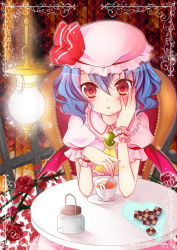 Rule 34 | 1girl, bad id, bad pixiv id, bat wings, blue hair, brooch, chair, checkerboard cookie, cookie, cup, dress, female focus, flower, food, hand on own cheek, hand on own face, hat, jewelry, lantern, looking at viewer, nekosugi (hoshi), open mouth, red eyes, remilia scarlet, rose, short hair, sitting, solo, sugar, table, tea, teacup, touhou, wavy hair, wings