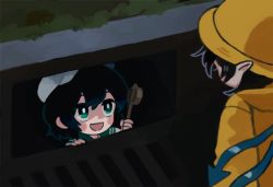 Rule 34 | black hair, blue wings, grate, green eyes, hat, holding, holding ladle, houjuu nue, it (stephen king), ladle, looking at another, murasa minamitsu, parody, pointy ears, raincoat, sailor collar, sailor hat, sewer, sewer grate, short hair, smile, storm drain, touhou, wings, yellow raincoat, you taira