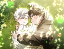 Rule 34 | 2boys, aged down, blgoyo, brown hair, brown hoodie, closed eyes, closed mouth, collared shirt, grass, highres, hood, hoodie, hug, ilay riegrow, jeong taeui, male focus, multiple boys, on grass, outdoors, parted lips, passion (manhwa), shirt, sleeping, tree shade, upper body, white hair, white shirt, yaoi