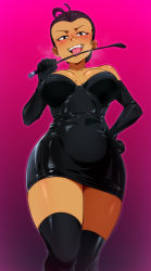 Rule 34 | 1girl, bangs pinned back, bare shoulders, black dress, black gloves, black hair, black thighhighs, blush, breasts, breasts apart, cowboy shot, dark-skinned female, dark skin, dress, elbow gloves, facing viewer, feet out of frame, female focus, from below, gloves, gradient background, highres, jcm2, latex, latex dress, latex gloves, latex legwear, licking, looking at viewer, maria santiago, mature female, medium breasts, nickelodeon, no bra, purple background, riding crop, shiny clothes, short dress, short hair, simple background, skin tight, skindentation, solo, strapless, strapless dress, sweat, the casagrandes, the loud house, thighhighs, zettai ryouiki