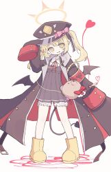 Rule 34 | 1girl, :p, absurdres, armband, black coat, black dress, black hat, black ribbon, blonde hair, bloomers, blue archive, boots, closed mouth, coat, collared shirt, demon girl, demon tail, demon wings, dress, full body, hair ribbon, halo, hashtag-only commentary, hat, heart, highres, ibuki (blue archive), long sleeves, looking at viewer, medium hair, military hat, neumo ( neumo ), oversized clothes, peaked cap, pinafore dress, red armband, red ribbon, ribbon, shirt, short dress, simple background, sleeveless, sleeveless dress, sleeves past wrists, solo, standing, tail, tongue, tongue out, twintails, underwear, white background, white shirt, wings, yellow background, yellow footwear, yellow halo