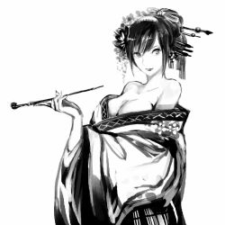Rule 34 | 1girl, bare shoulders, breasts, cleavage, comb, furin-shi, greyscale, hair ornament, hair stick, holding, holding smoking pipe, japanese clothes, kimono, kiseru, lipstick, long hair, looking to the side, makeup, monochrome, off shoulder, simple background, smoking pipe, solo, white background, yuujo