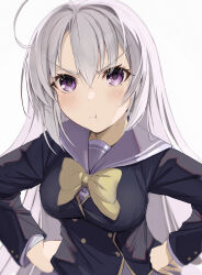 Rule 34 | &gt;:(, 1girl, :t, absurdres, ahoge, ayachi nene, black jacket, blurry, blush, bow, breasts, closed mouth, commentary, depth of field, eyelashes, eyes visible through hair, frown, grey hair, grey sailor collar, hair between eyes, hands on own hips, highres, jacket, kosh, large breasts, long hair, long sleeves, looking at viewer, pout, purple eyes, sailor collar, sanoba witch, school uniform, simple background, solo, standing, straight-on, straight hair, upper body, v-shaped eyebrows, very long hair, white background, yellow bow