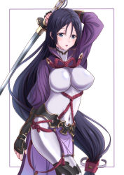 Rule 34 | 1girl, bad id, bad pixiv id, black gloves, black hair, blue eyes, breasts, breasts apart, covered navel, fate/grand order, fate (series), fingerless gloves, furan (pixiv20237436), gloves, hair between eyes, highres, holding, holding sword, holding weapon, large breasts, long hair, low-tied long hair, minamoto no raikou (fate), open mouth, solo, standing, sword, very long hair, weapon, white background