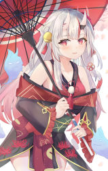 Rule 34 | 1girl, :d, bare shoulders, bell, black kimono, blush, cherry blossoms, collarbone, commentary request, cowboy shot, falling petals, floral print, flower knot, frilled sleeves, frills, gold trim, gradient hair, hair bell, hair bun, hair ornament, highres, holding, holding umbrella, hololive, horns, japanese clothes, jingle bell, kimono, long hair, long sleeves, looking at viewer, multicolored hair, nakiri ayame, nakiri ayame (1st costume), obi, off shoulder, oil-paper umbrella, oni, open mouth, petals, print kimono, red eyes, red hair, red ribbon, ribbon, sash, sidelocks, silver hair, single hair bun, sisoha, skin-covered horns, smile, solo, standing, streaked hair, tassel, umbrella, virtual youtuber, wide sleeves