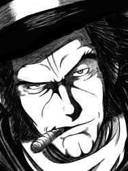 Rule 34 | 1boy, black hair, black hat, cigar, cleft chin, greyscale, hat, looking at viewer, lue (heizo), male focus, monochrome, mouth hold, portrait, sentou mecha xabungle, serious, solo, timp sharon