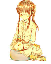 Rule 34 | 2girls, blush, bow, chika (iltwin), dress, drill hair, closed eyes, freckles, frilled dress, frilled shirt, frills, glasses, hair ornament, hand on another&#039;s back, hand on another&#039;s head, iltwin, kanaria, kusabue mitsu, lap pillow, long hair, long sleeves, monochrome, multiple girls, ponytail, rimless eyewear, rozen maiden, seiza, shirt, shoes, sitting, smile, white background