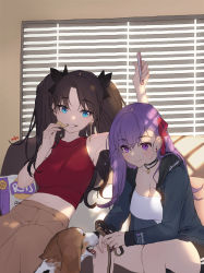 Rule 34 | 2girls, breasts, casual, chips (food), cleavage, dog, earrings, eating, fate/stay night, fate (series), female focus, food, hair ribbon, highres, jewelry, leash, matou sakura, midriff, multiple girls, necklace, purple eyes, purple hair, ribbon, siblings, sisters, sleeveless, sunlight, tohsaka rin, two side up, whoisshe