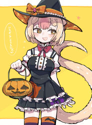 Rule 34 | 1girl, absurdres, animal ears, anteater ears, anteater tail, blonde hair, bow, bowtie, brown eyes, dress, extra ears, halloween, halloween costume, hat, highres, kanmoku-san, kemono friends, looking at viewer, short hair, silky anteater (kemono friends), simple background, skirt, socks, solo, tail, thighhighs, yellow background
