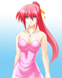 Rule 34 | 1girl, bare shoulders, blue eyes, breasts, cleavage, collarbone, dress, engo (aquawatery), female focus, hair ribbon, highres, jewelry, laevatein (nanoha), large breasts, long hair, lyrical nanoha, mahou shoujo lyrical nanoha, mahou shoujo lyrical nanoha a&#039;s, necklace, pink dress, pink hair, ponytail, ribbon, serious, signum, solo, strapless, strapless dress