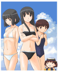 Rule 34 | 4girls, :3, :d, aihara nana, arms behind back, bikini, black bikini, black eyes, black hair, blush, blush stickers, brown eyes, brown hair, chibi, cloud, collarbone, cowboy shot, crossed arms, day, flying sweatdrops, frown, futami eriko, goggles, goggles on head, groin, hair ribbon, imo works, innertube, kimi kiss, long hair, looking at viewer, multiple girls, navel, one-piece swimsuit, open mouth, outdoors, own hands together, ribbon, satonaka narumi, shijou mitsuki, short hair, sky, smile, solid circle eyes, swim ring, swimsuit, white bikini