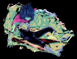 Rule 34 | 1other, androgynous, antenna hair, arm rest, armor, black background, black bodysuit, blue hair, blue skin, bodysuit, bodysuit under clothes, breastplate, bruise, bruise on face, cape, colored skin, covered eyes, crack, cuts, deltarune, from above, full body, gauntlets, greaves, hatching (texture), injury, kris (deltarune), omomomizu, other focus, pink cape, rock, shaded face, short hair, sitting, solo, sweat, sword, weapon