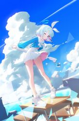 Rule 34 | 1girl, absurdres, arona (blue archive), bare legs, blue archive, blue eyes, blue hair, blue halo, blush, braid, cloud, cloudy sky, collarbone, colored inner hair, day, desk, fingernails, full body, grin, gun, halo, highres, long sleeves, multicolored hair, one eye closed, outdoors, pink hair, pjman, pleated skirt, sailor collar, school desk, shirt, shoes, short hair, single braid, skirt, sky, smile, solo, standing, standing on desk, untucked shirt, weapon, white footwear, white sailor collar, white skirt, white sneakers