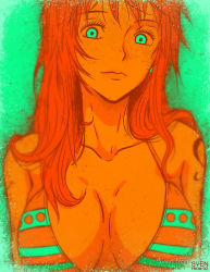 Rule 34 | 1girl, artist name, bikini, bikini top only, breasts, cleavage, earrings, green theme, jewelry, large breasts, lips, long hair, looking at viewer, monochrome, nami (one piece), one piece, orange theme, serious, solo, sven from oz, swimsuit, tattoo, textless version, watermark